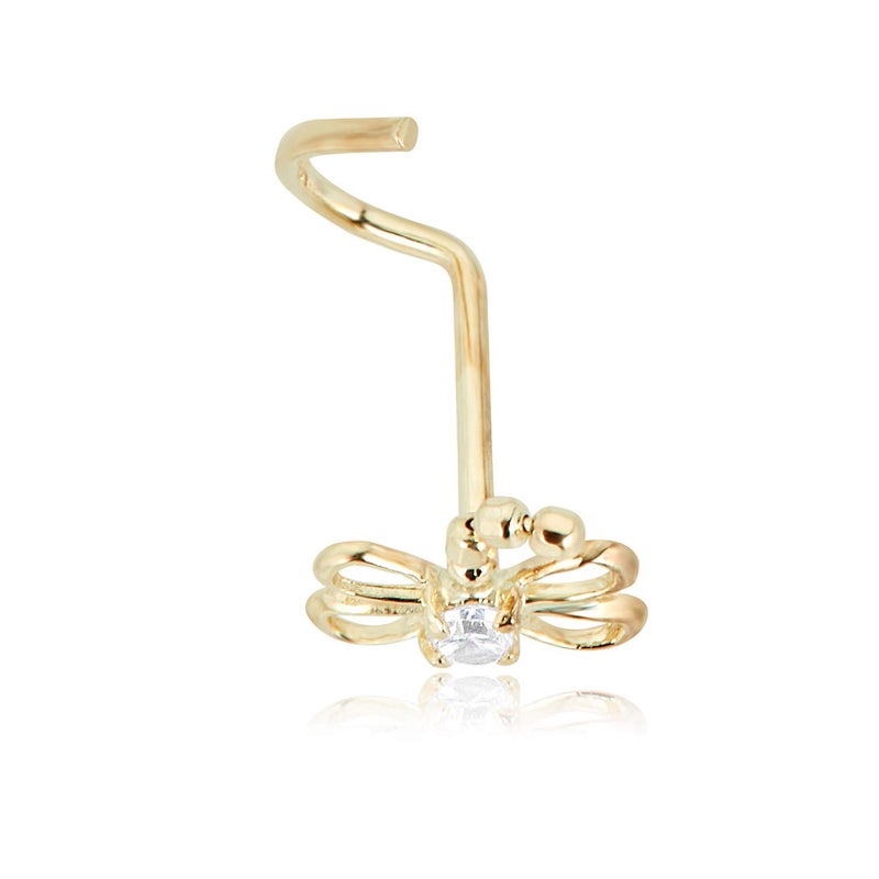 AVORA 14K Yellow Gold Dragonfly Butterfly Simulated Diamond CZ Curved Twisted Screw Nose Ring (20 Gauge) - Image 2